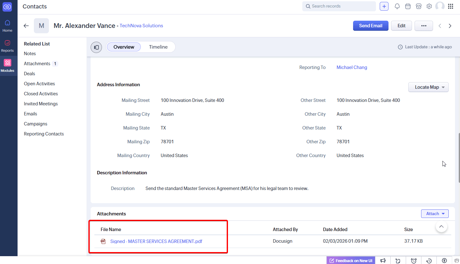CRM contact page showing "Mr. Alexander Vance" details with a highlighted PDF attachment.