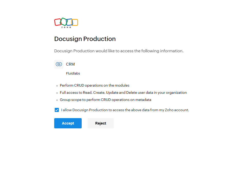 Docusign Production consent screen requests access to CRM and Portfolio data with user permissions.