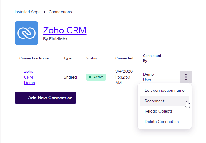 User interface shows Zoho CRM connection with 'Reconnect' option selected in a dropdown menu.