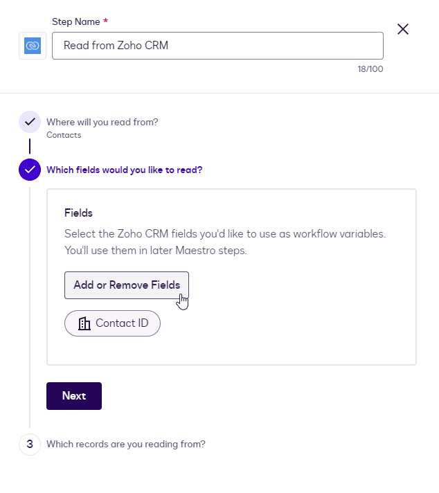 Software interface configuring Zoho CRM data read, selecting fields with 'Add or Remove Fields' button.
