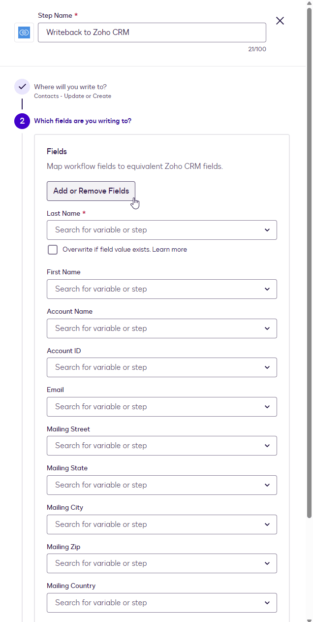 A digital form showing fields for personal details and CRM-related data variables.