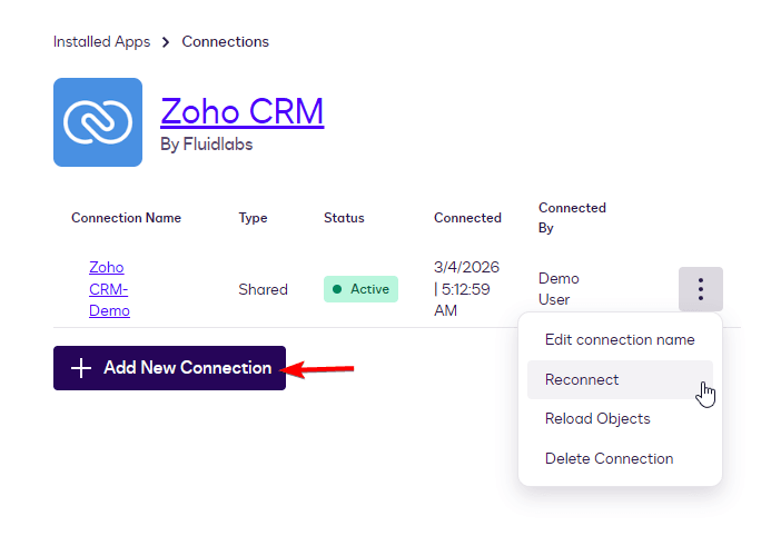 Zoho CRM connections page showing an active connection and the 'Reconnect' option highlighted.