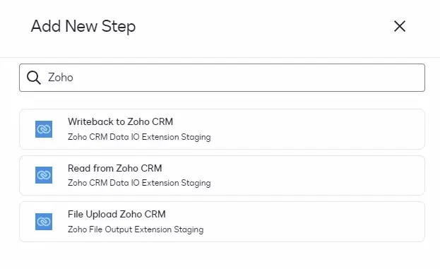 Modal for adding a new step, showing Zoho CRM integration options after searching.